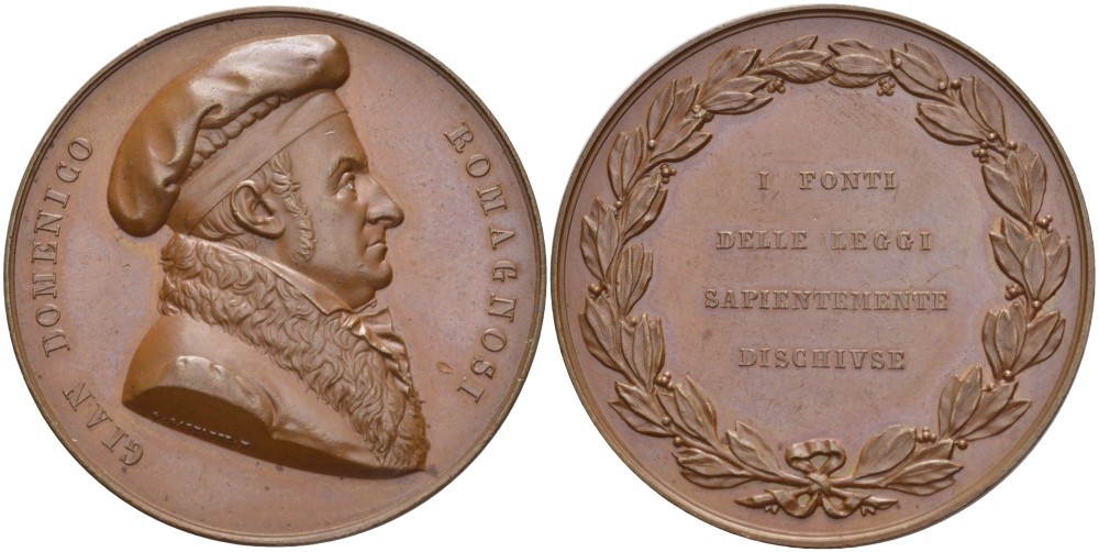 Италия медаль ND Джованни Доменико Романьози (1761-1835) итальянский философ, юрист, профессор гражданского права, медальер G. Galazzi, диаметр 43,5 мм бронза 00-822-67
