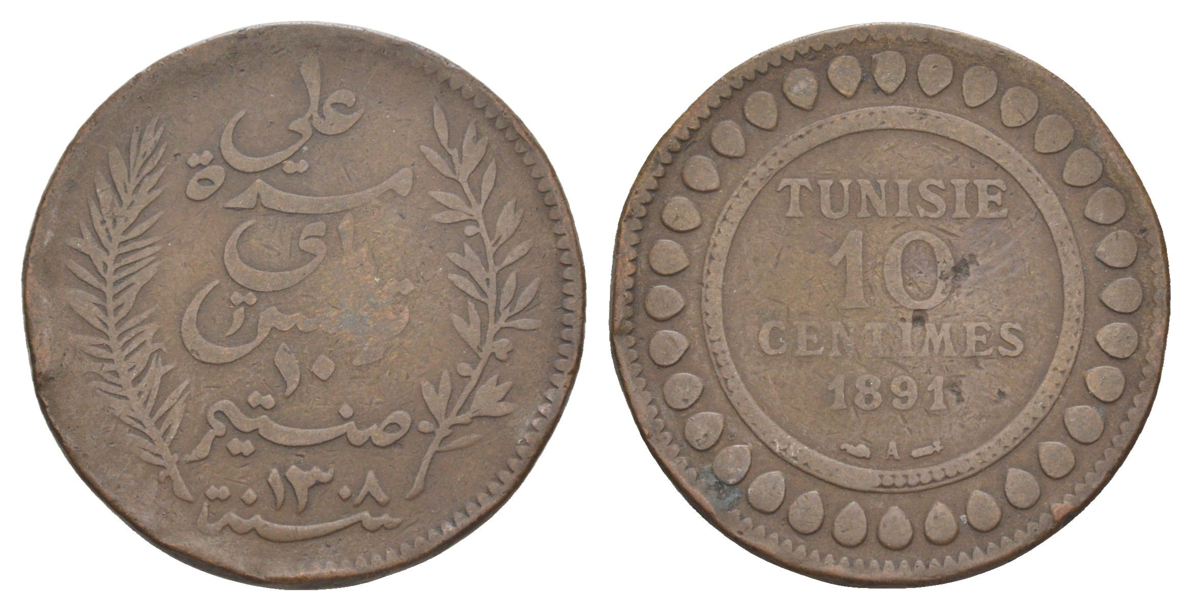 Тунис 10 сантимов 1891 A KM 222 бронза 4634-845