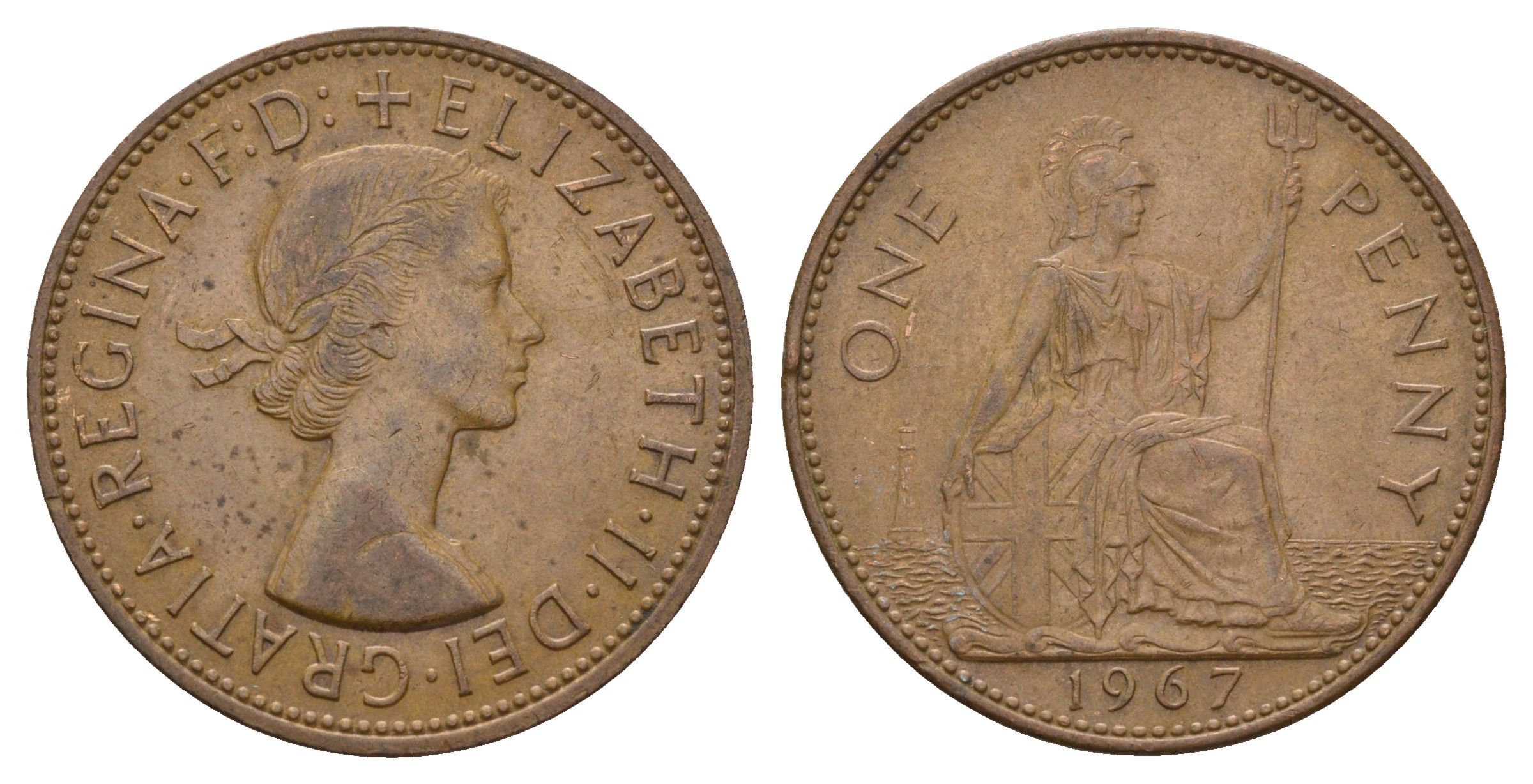 Великобритания 1 пенни 1967 Елизавета II (1952-2022) KM 897, Spink 4157 бронза 221-943