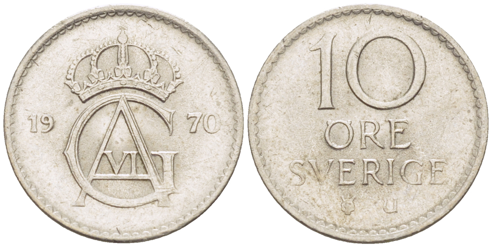 Швеция 10 эре 1970 U, Густав VI Адольф (1950-1973) KM 835 медно-никель 4181-1245