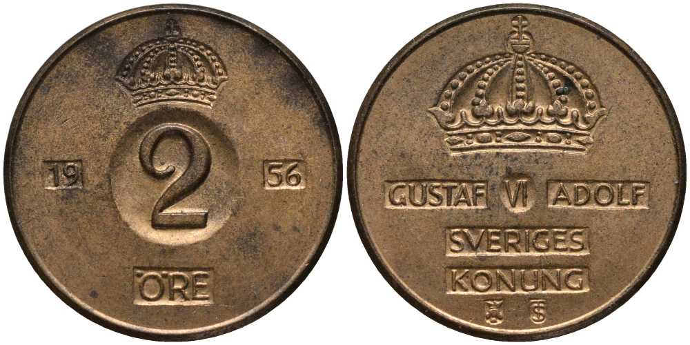 Швеция 2 эре 1956 TS, Густав VI Адольф (1950-1973) KM 821 бронза 202-634