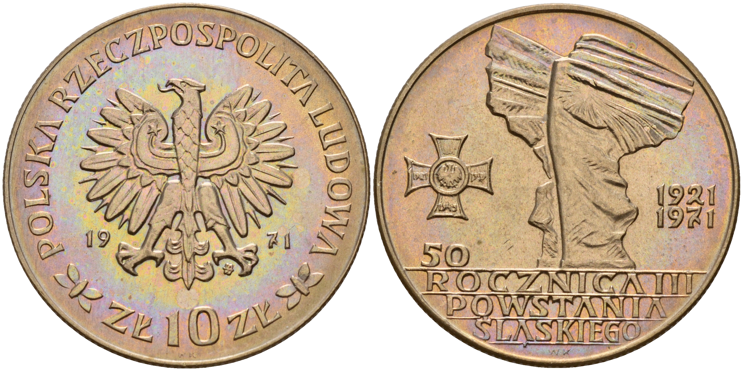 Польша 10 злотых 1971 MW, 50 лет битве за Верхнюю Силезию KM 64 медно-никель UNC 4601-1211