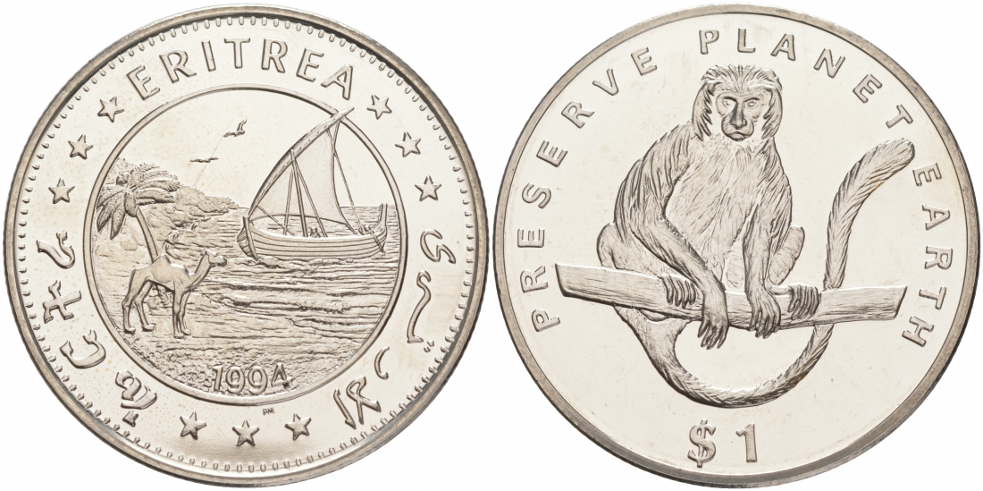 Эритрея 1 доллар 1994 серия берегите планету Земля, колобус (обезьяна) KM 17 медно-никель UNC M26-15