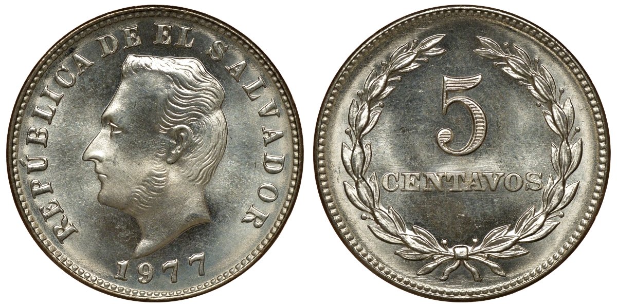 Сальвадор 5 сентаво 1977 год тип, Франсиско Морасан KM 149 b медь никель цинк UNC M56-04