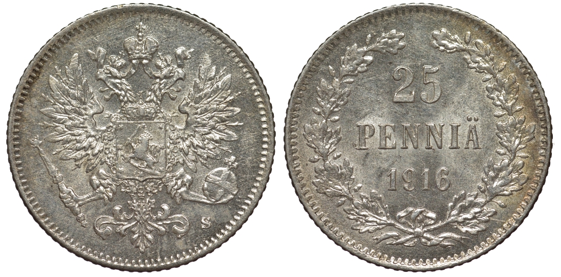 Россия для Финляндии 25 пенни 1916 S, Николай II (1894-1917) KM 6.2, Биткин 421 серебро 75-1327