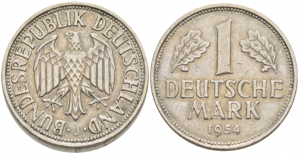 ФРГ 1 МАРКА 1954 J KM 110, J. 385 медно-никель 3718-1043