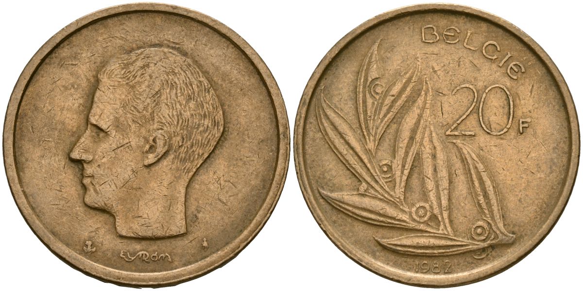 Бельгия 20 франков 1982 Надпись на голландском - 'BELGIE' KM 160 никелевая бронза 4162-745