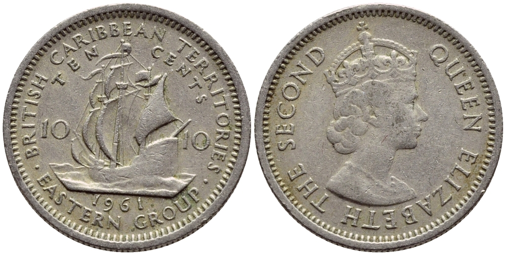 Британские Восточно-Карибские территории 10 центов 1961 Елизавета II (1952-2022), парусник KM 5 медно-никель 4387-911