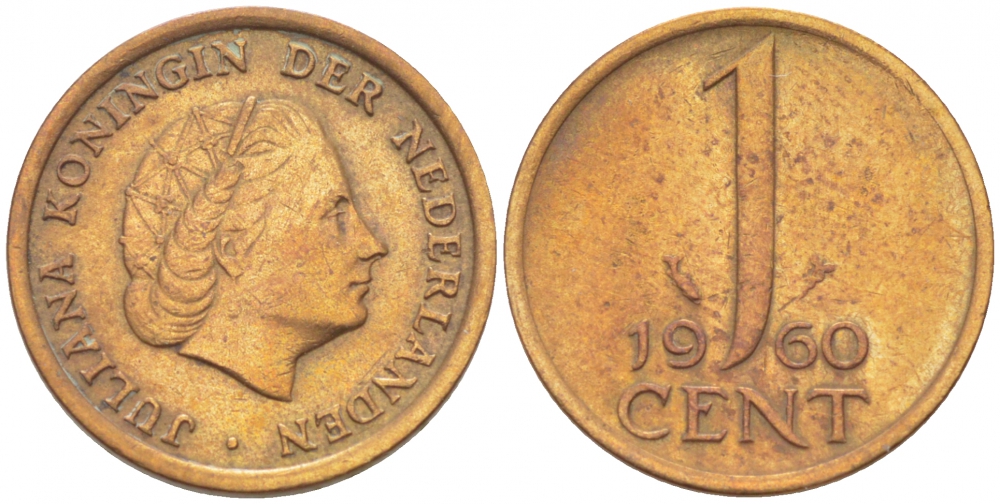 Нидерланды 1 цент 1960 Юлиана (1949-1980) KM 180 бронза 3955-245
