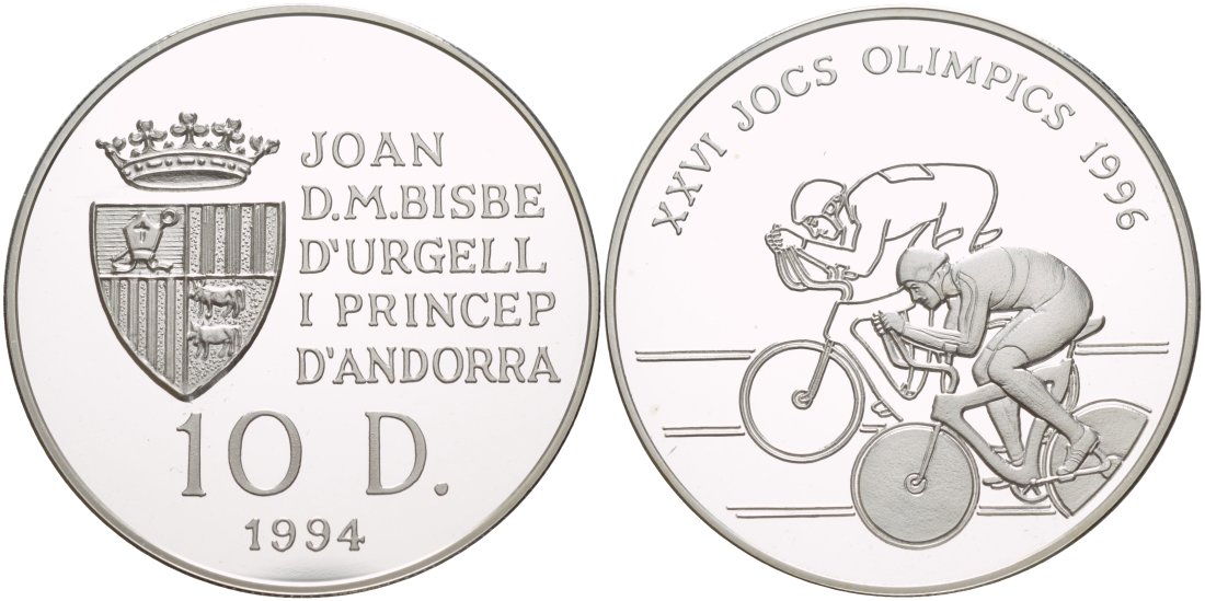 Андорра 10 динеров 1994 XXVI Олимпийские игры 1996 года велоспорт KM 95 серебро PROOF 1088-9-11