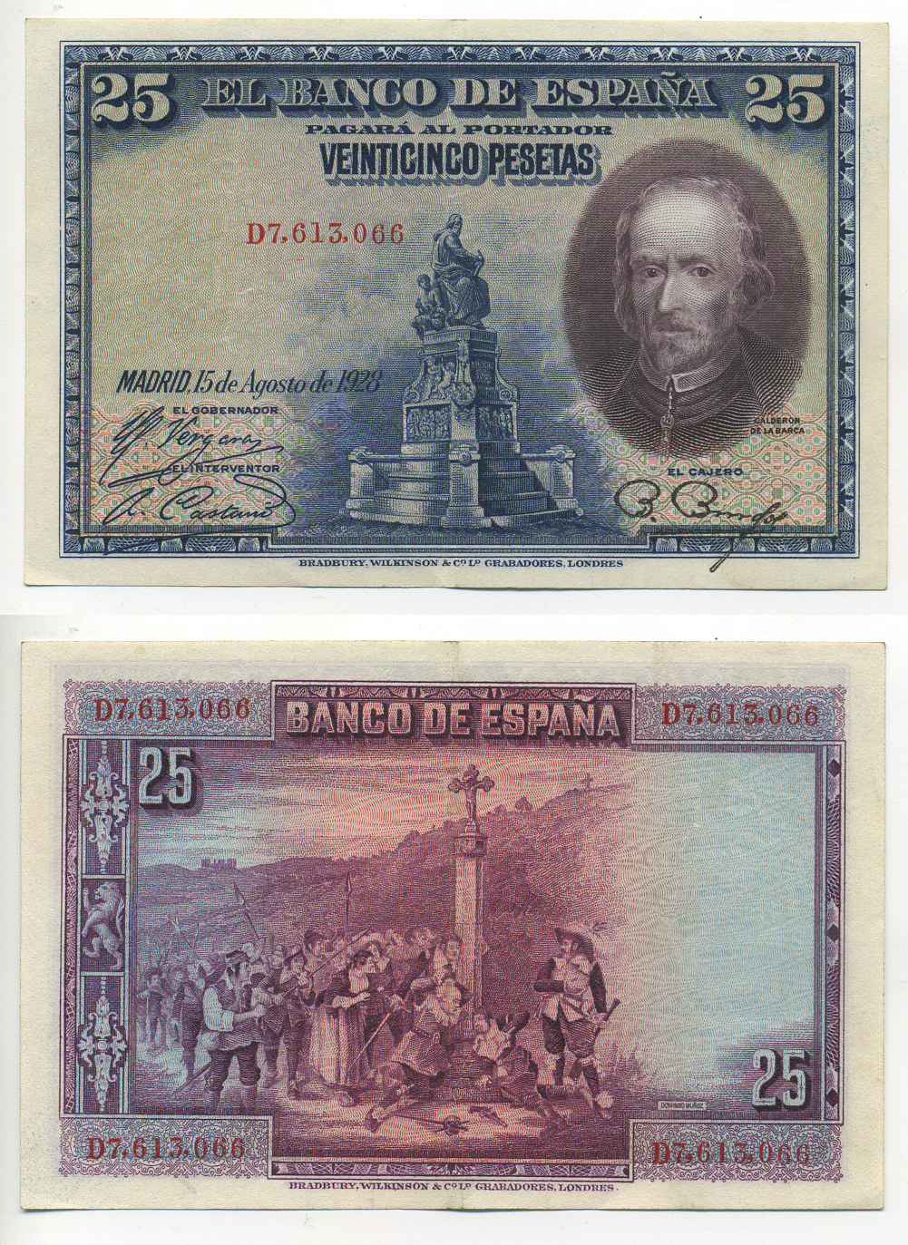 ИСПАНИЯ 25 ПЕСЕТ 1928 СЕРИЯ D 7613066, ПЕДРО КАЛЬДЕРОН ДЕ ЛЯ БАРКА Pick 74b бумага aUNC 6278-3-1