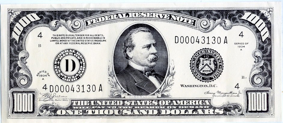 США 1000 ДОЛЛАРОВ 1934 240Х 115 ПРИНТ ОДНОСТОРОННИЙ, СУВЕНИРНАЯ бумага UNC (ПРЕСС) 6283-47-1
