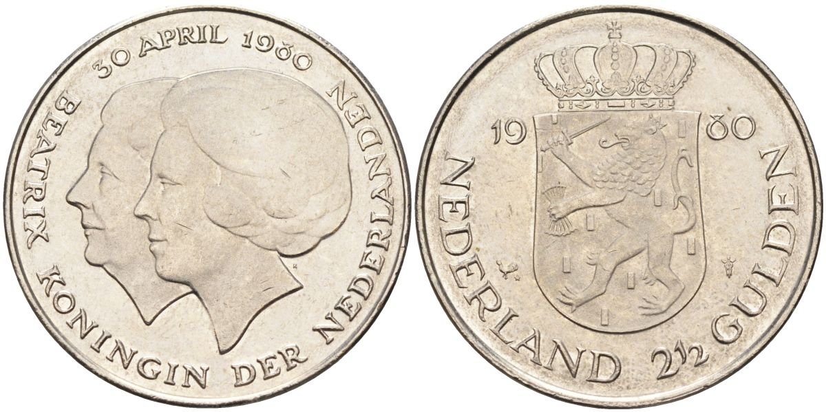 Нидерланды 2 1/2 гульдена 1980 коронация Беатрикс, 30 апреля 1980 KM 201 никель 4593-622