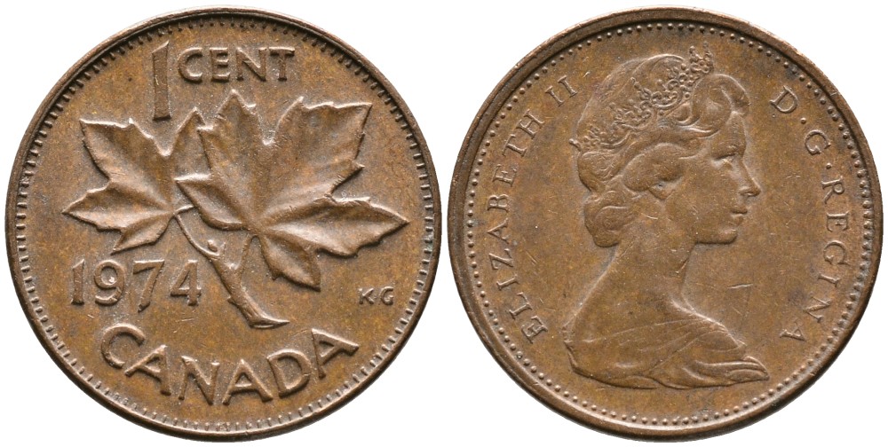 Канада 1 цент 1974 Елизавета II (1952-2022), кленовый лист KM 59.1 бронза 4528-738