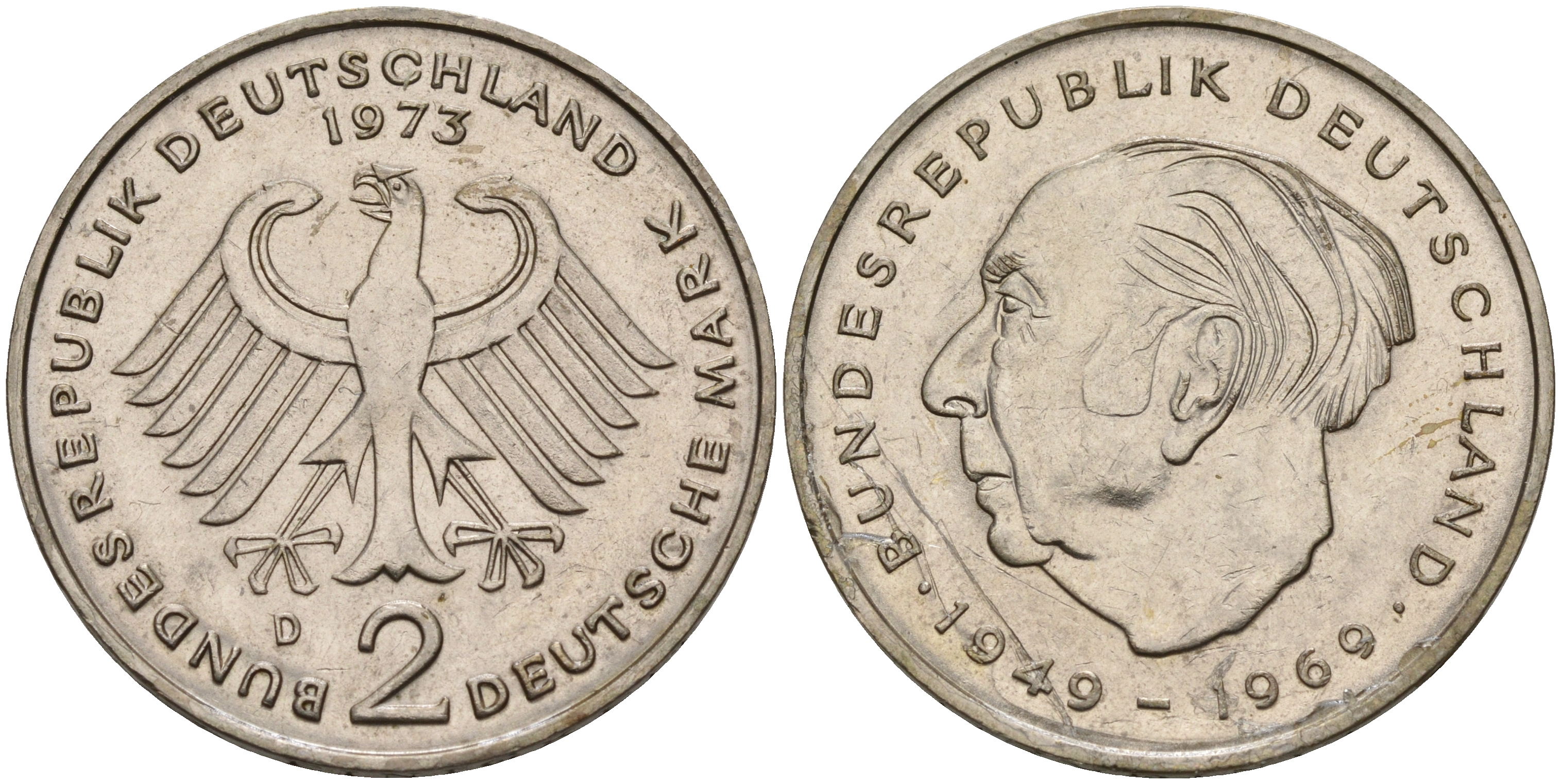 ФРГ 2 марки 1973 D, Теодор Хойс KM 127,  J. 407 медно-никель плакированный никелем  4149-532