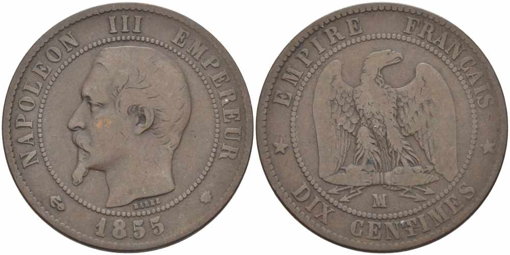 Франция 10 сантимов 1855 MA, Наполеон III (1852-1870) KM 771.6, Le Franc 133.29 бронза    4680-525
