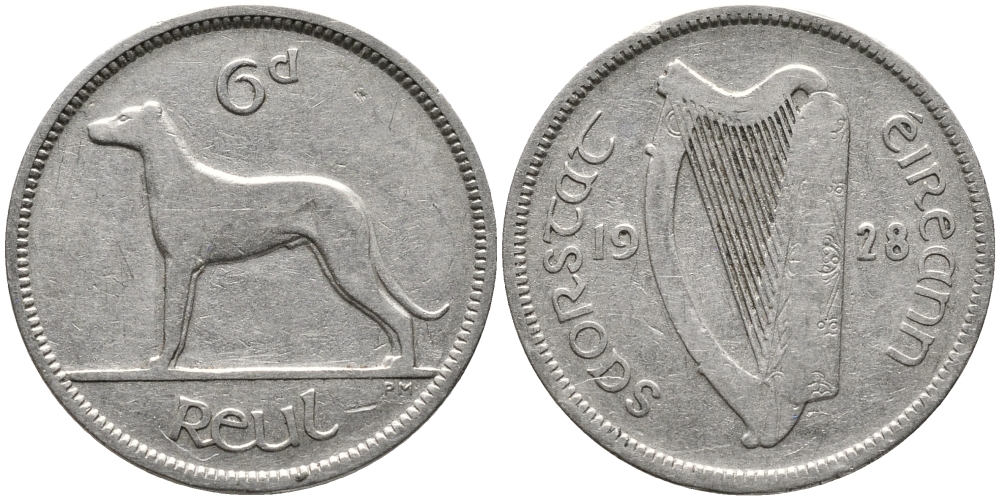 Ирландия 6 пенсов 1928 собака, ирландский волкодав KM 5 никель 28-826