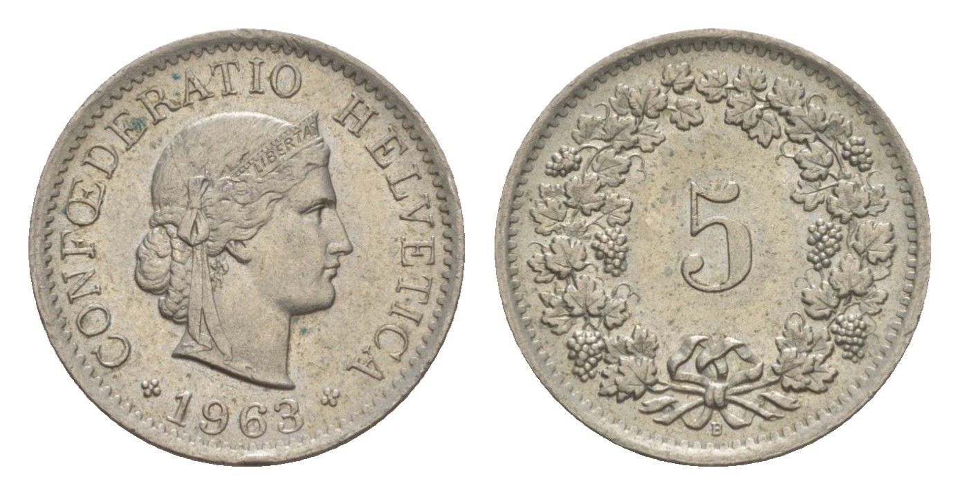 Швейцария 5 раппенов 1963 B KM 26 медно-никель 4643-353