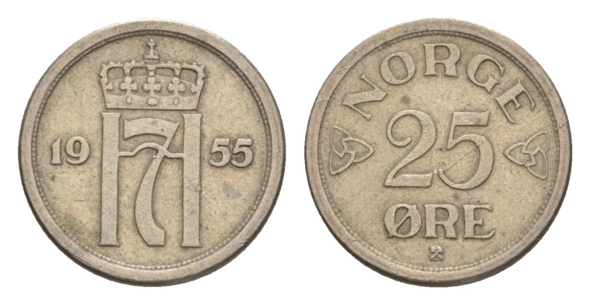 Норвегия 25 эре 1955 Хокон VII (1905-1957) KM 401 медно-никель 4632-1231