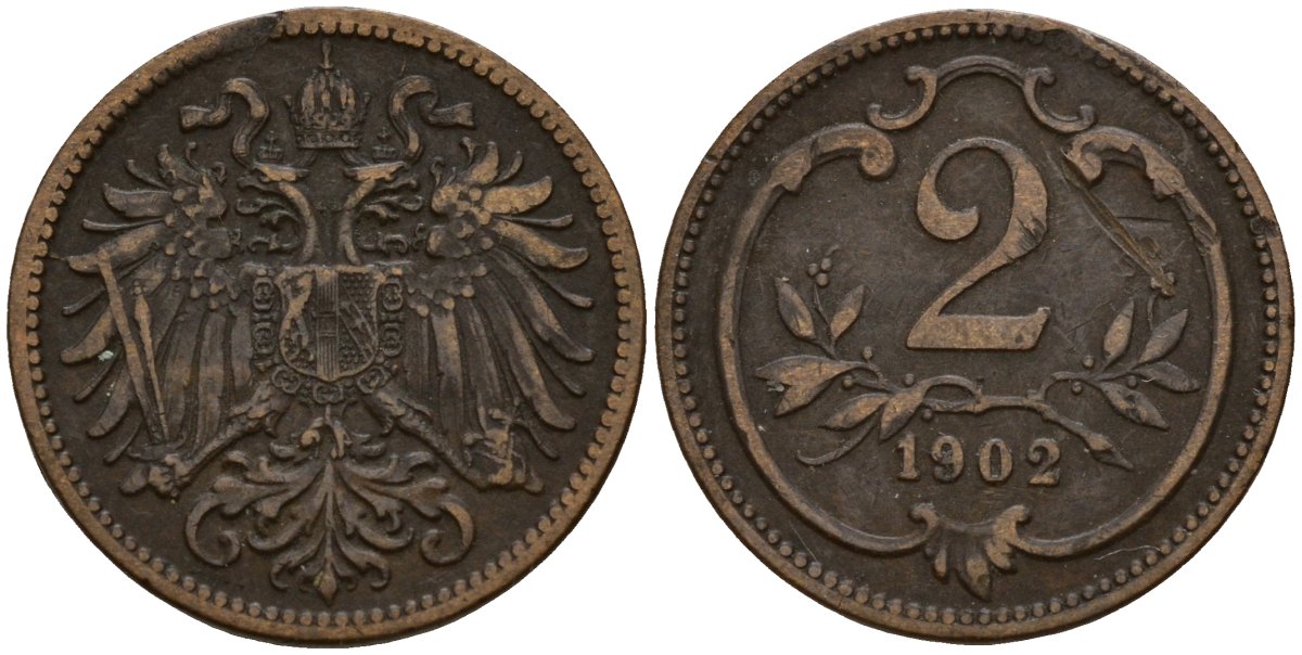 Австрия 2 геллера 1902 Франц Иосиф I (1848-1916) (1848-1916) KM 2801 бронза 4158-515