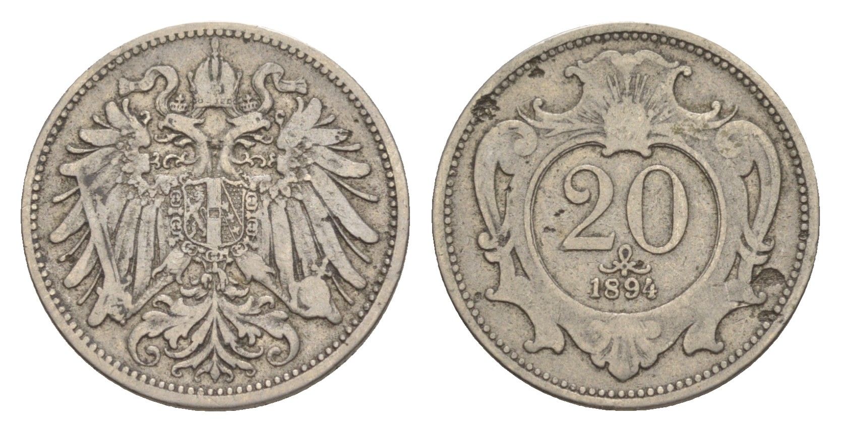 Австрия 20 геллеров 1894 Франц Иосиф I (1848-1916) KM 2803 никель 4639-1051