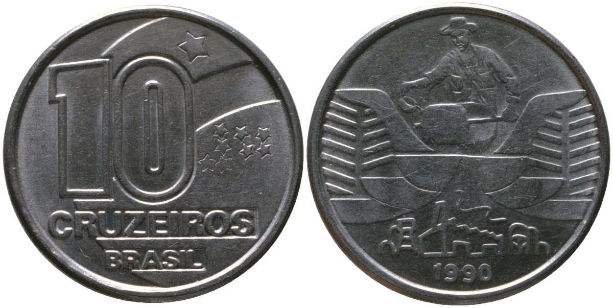 Бразилия 10 крузейро 1990 KM 619.1, Schon 128 нержавеющая сталь 4519-1123