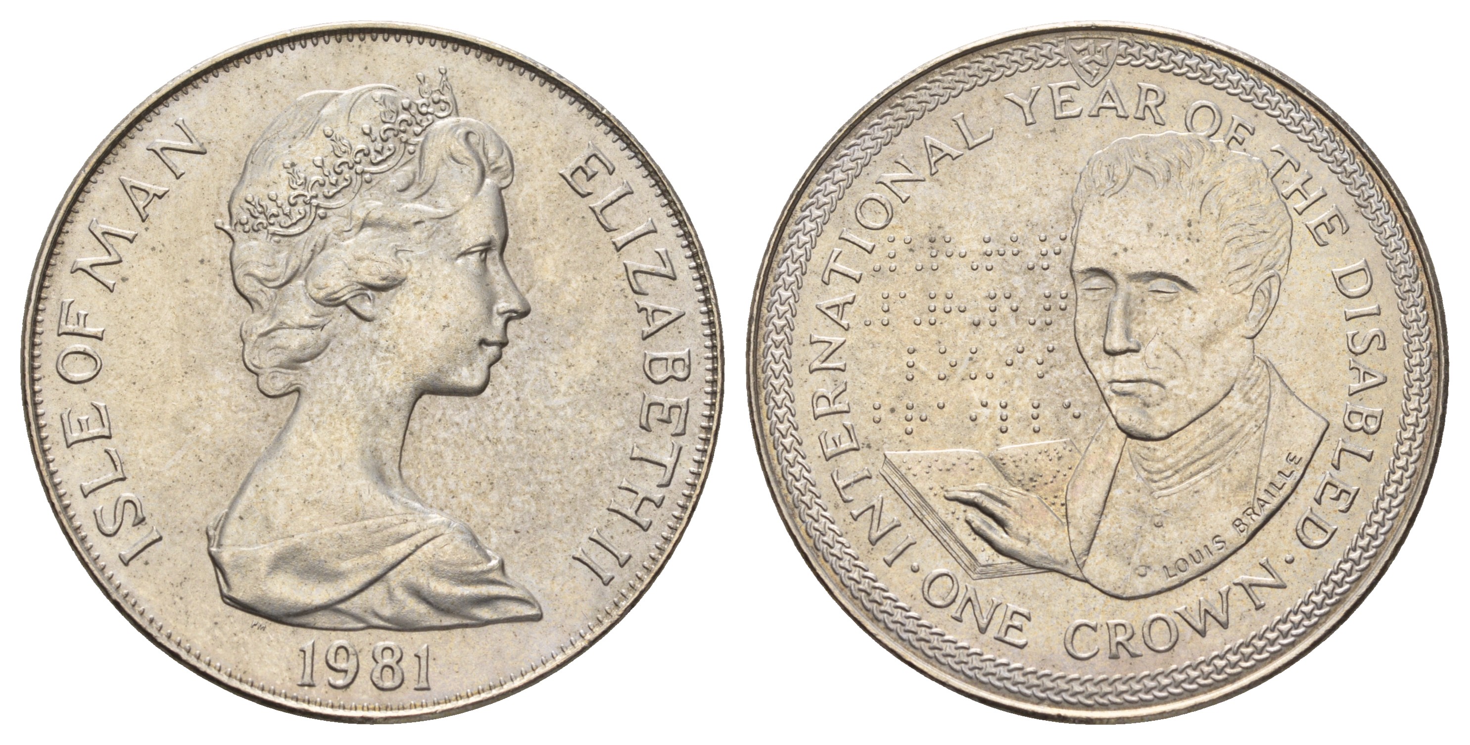 Остров Мэн 1 крона 1981 Международный год инвалидов, Луи Брайль КМ 77 медно-никель UNC 4386-233