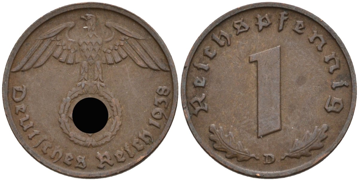 Германия 1 рейхспфенниг 1938 D KM 89, J 361 бронза 4136-611