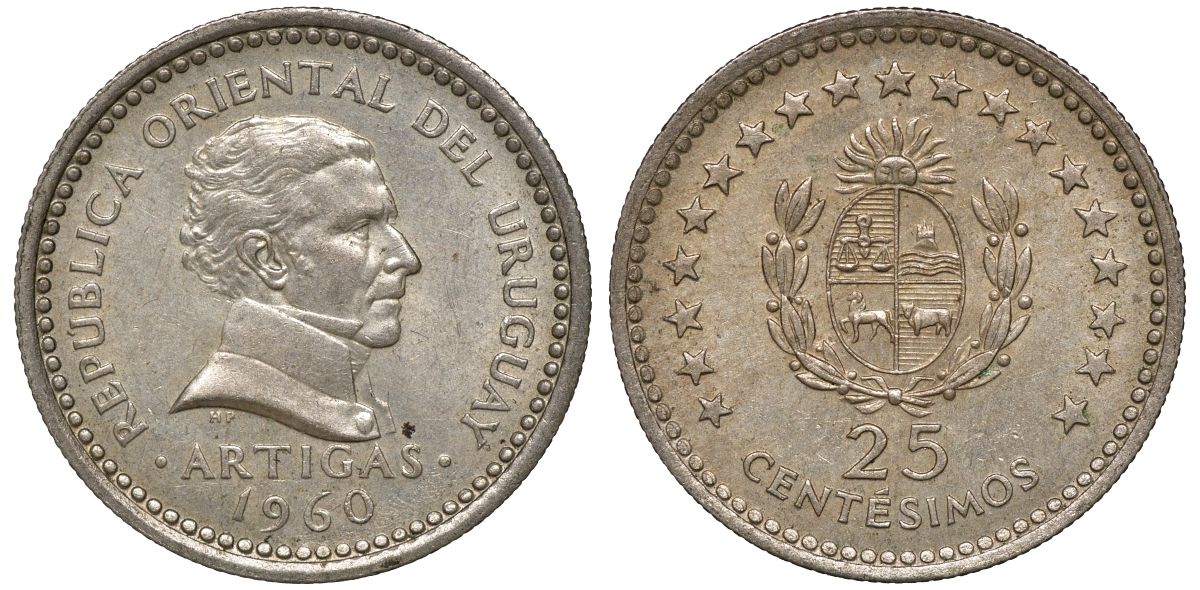 Уругвай 25 сентесимо 1960 KM 40 медно-никель 4169-966