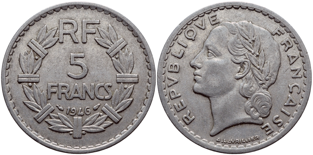ФРАНЦИЯ 5 ФРАНКОВ 1946 KM 888b.1 алюминий 08-642