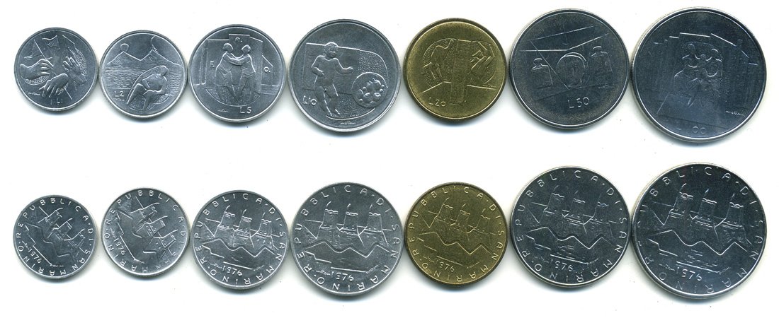 Сан-Марино годовой набор из 7 монет 1976 1, 2, 5, 10, 20, 50, 100 лир KM 51-57 UNC N4-64
