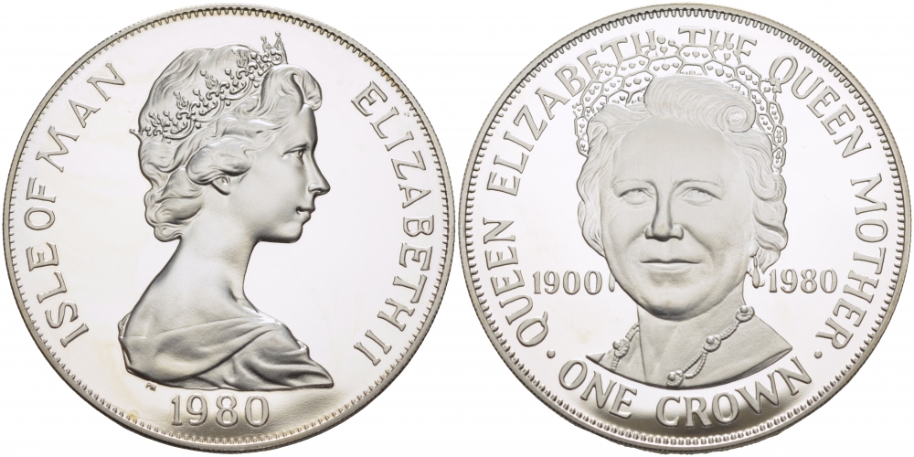 Остров Мэн 1 крона 1980 80 лет королеве Елизавете, королеве-матери КМ 68b серебро PROOF 1081-6-53