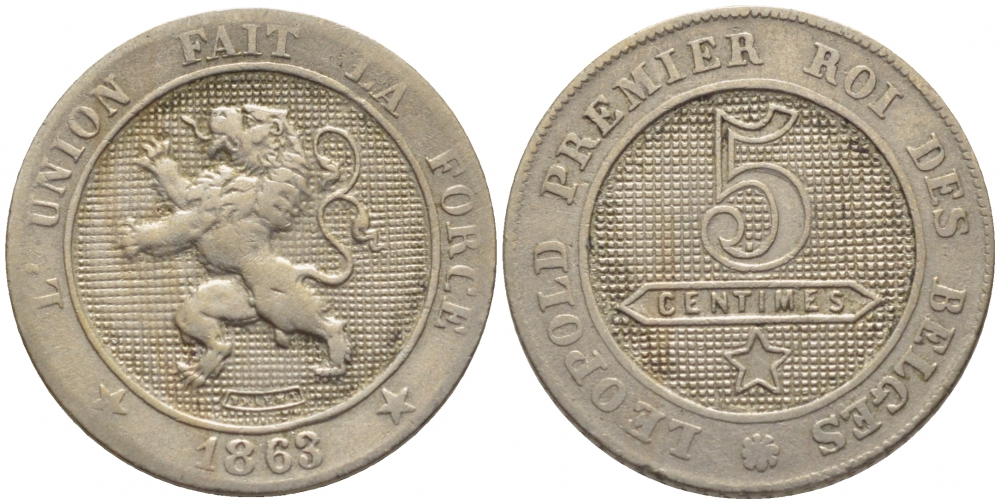 БЕЛЬГИЯ 5 САНТИМОВ 1863 BELGES KM 21 медно-никель 105-1035