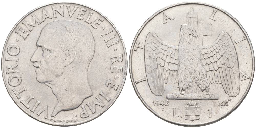 ИТАЛИЯ 1 ЛИРА 1942 R, ГОД XX, ВИКТОР ЭММАНУИЛ III (1900-1946) KM 77b, VEM3. 1102 нержавеющая сталь 3855-513