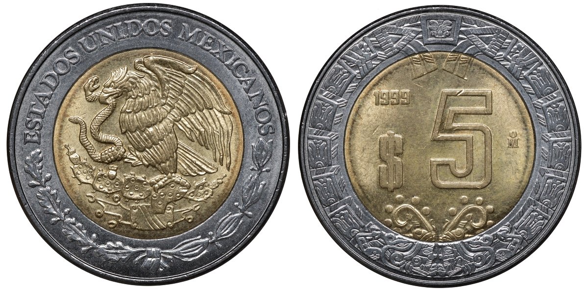 Мексика 5 песо 1999 Мо KM 605 биметалл UNC 3336-956