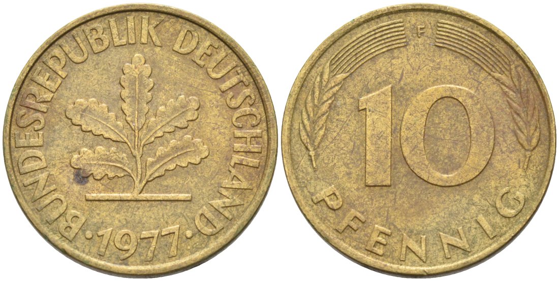 ФРГ 10 пфеннигов 1977 F KM 106 сталь плакированная латунью 4571-542