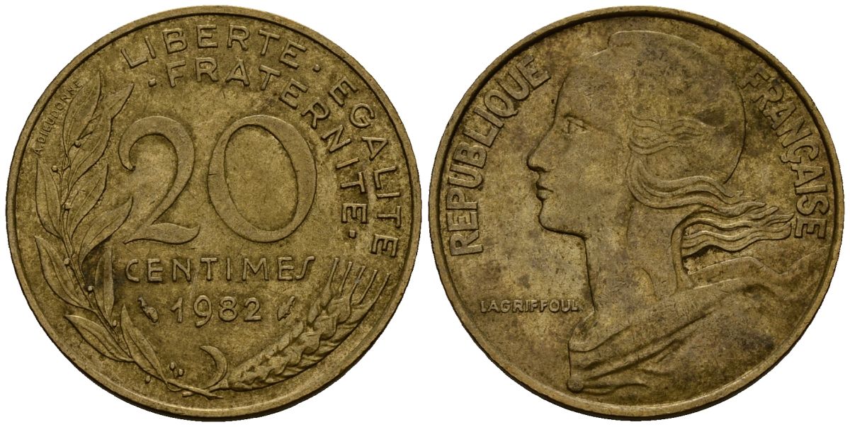 Франция 20 сантимов 1982 KM 930 алюминиевая бронза 4138-346