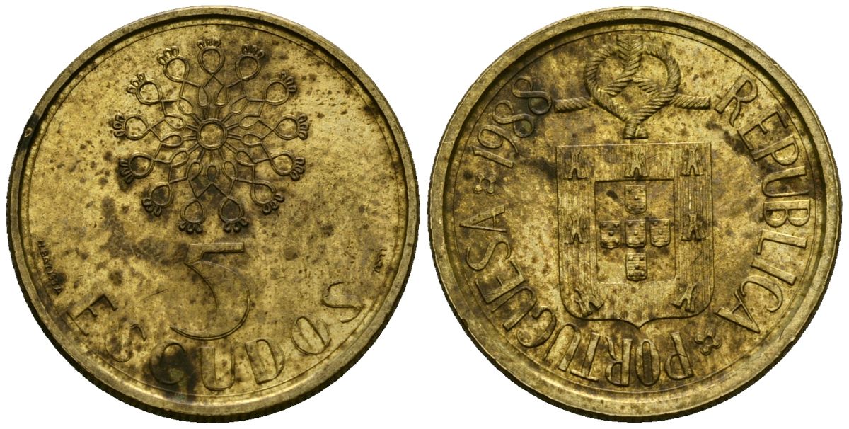 Португалия 5 эскудо 1988 KM 632 никель латунь 4138-214