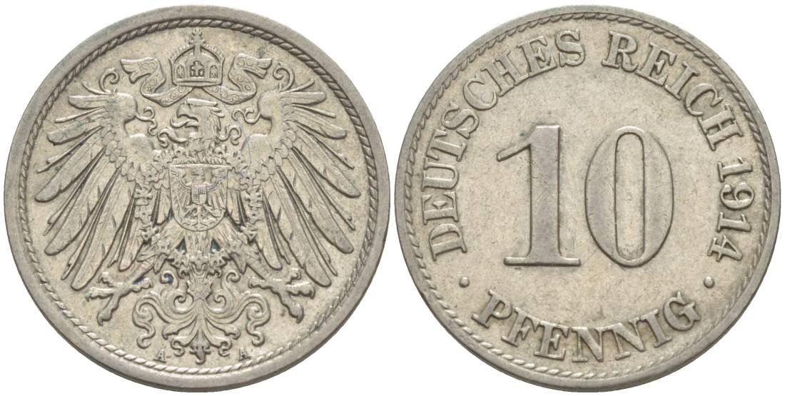 Германия 10 пфеннигов 1914 A KM 12, Jager 13, Weege 8 медно-никель 219-237
