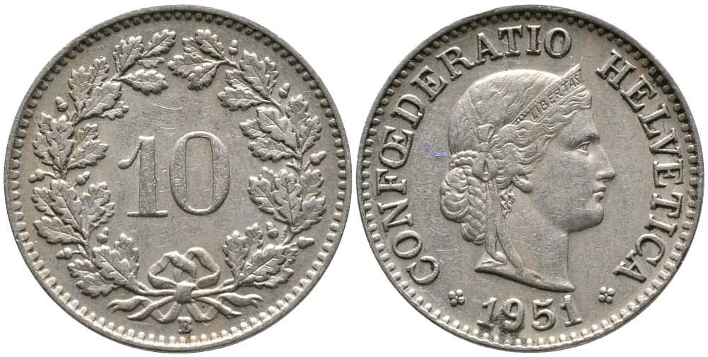 ШВЕЙЦАРИЯ 10 РАППЕНОВ 1951 В KM 27 медно-никель 4539-445