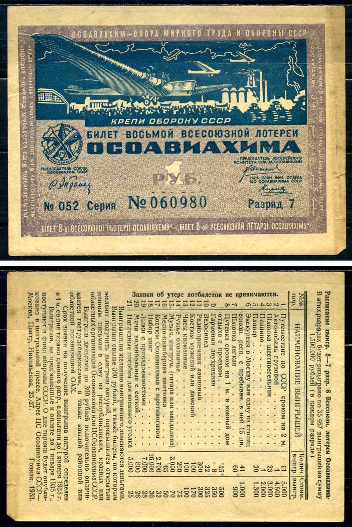 СССР 1 рубль 1933 восьмая Всесоюзная лотерея ОСОАВИАХИМА. Разряд 7. № 052 060980, Гознак, 1933 бумага 2196-46-3-2