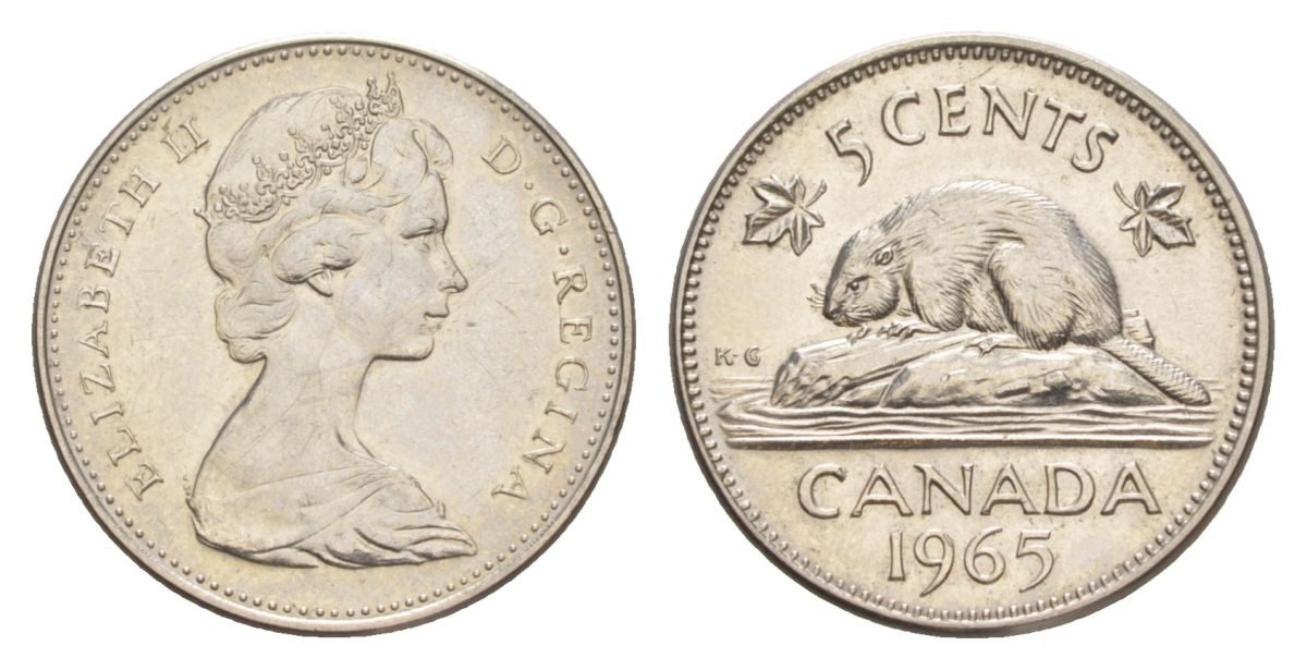 Канада 5 центов 1965 Елизавета II (1952-2022), бобр KM 60.1 никель aUNC 4630-712