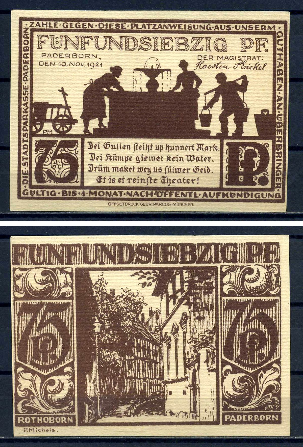 Падерборн (Вестфалия) 75 пфеннигов 1921 Ротоборн в Падерборне DeNG 1/2 1043.7-3/5 картон UNC (пресс) 7556-2-2-2