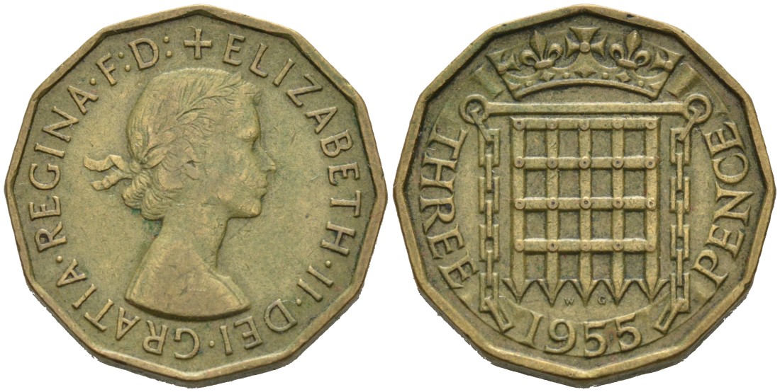 Великобритания 3 пенса 1955 Елизавета II (1952-2022) KM 900, Spink 4153 никель латунь 4561-1023