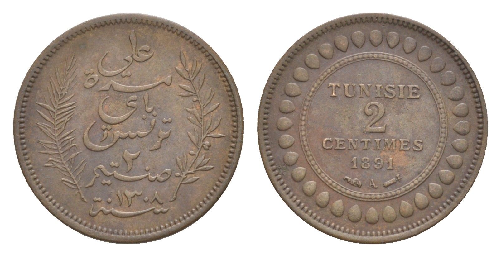 Тунис 2 сантима 1891 A KM 220 бронза 1531-1343