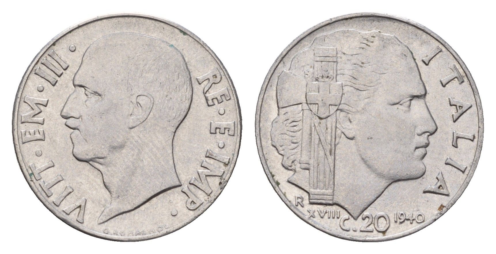 Италия 20 чентезимо 1940 R, Виктор Эммануил III (1900-1946) KM 75b нержавеющая сталь 4627-1112