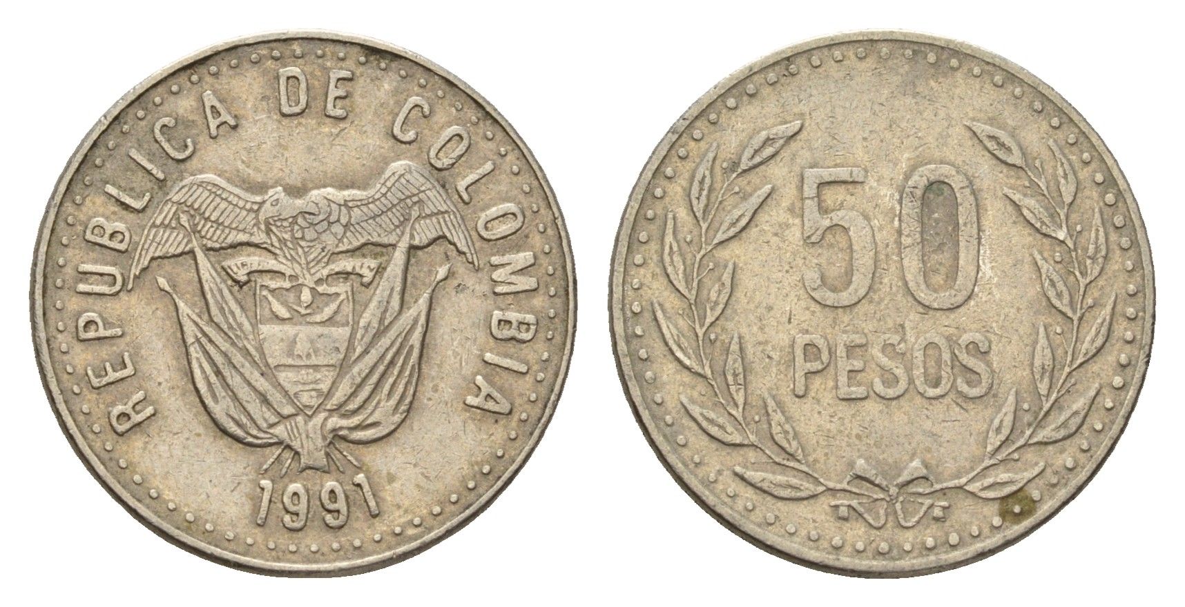 Колумбия 50 песо 1991 KM 283 медь цинк никель 4142-635