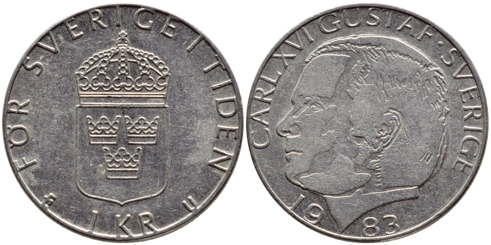 Швеция 1 крона 1983 Карл XVI Густав (1973- ) KM 852a медно-никель 4397-1117