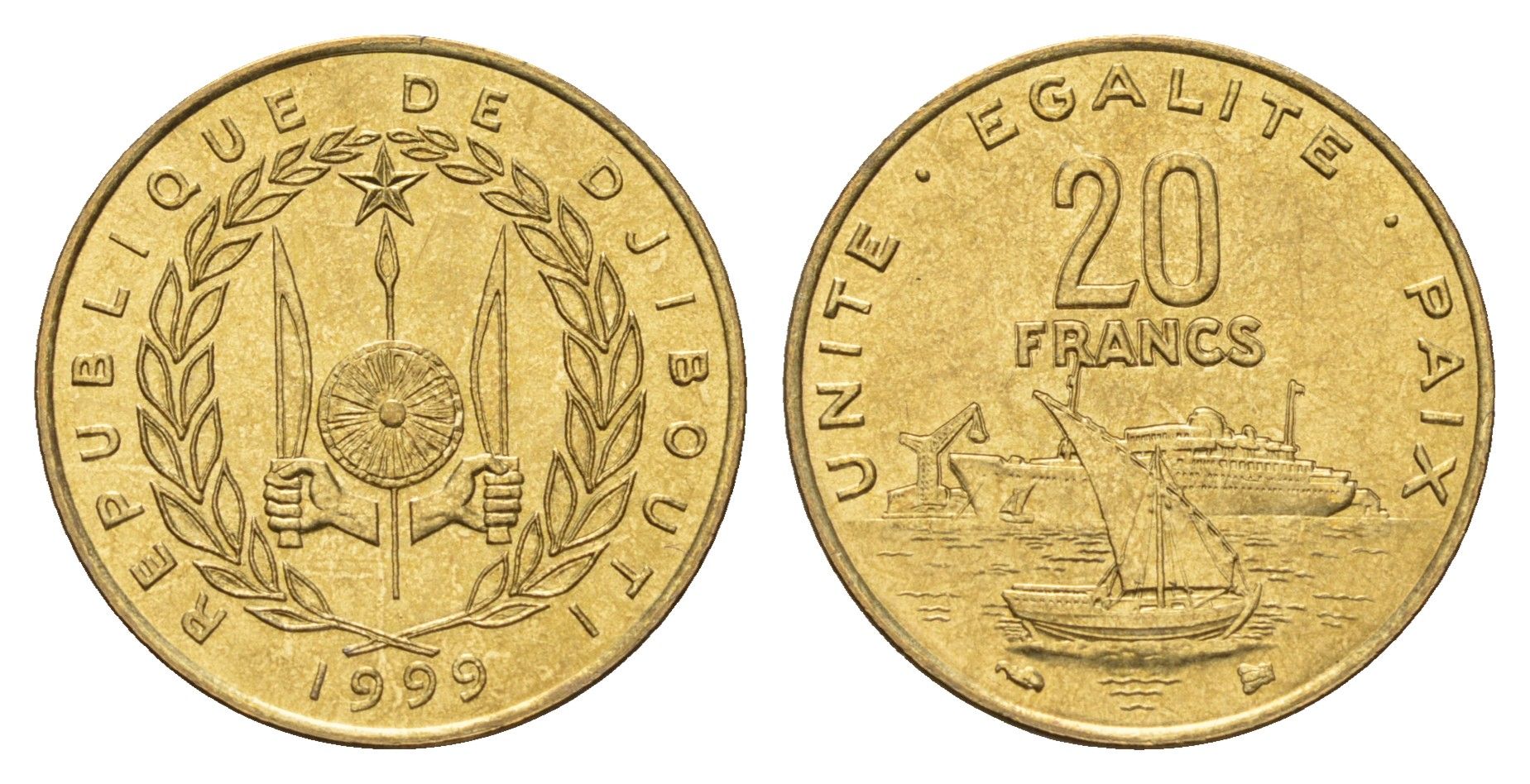 Джибути 20 франков 1999 KM 24 медь алюминий никель UNC 4671-343