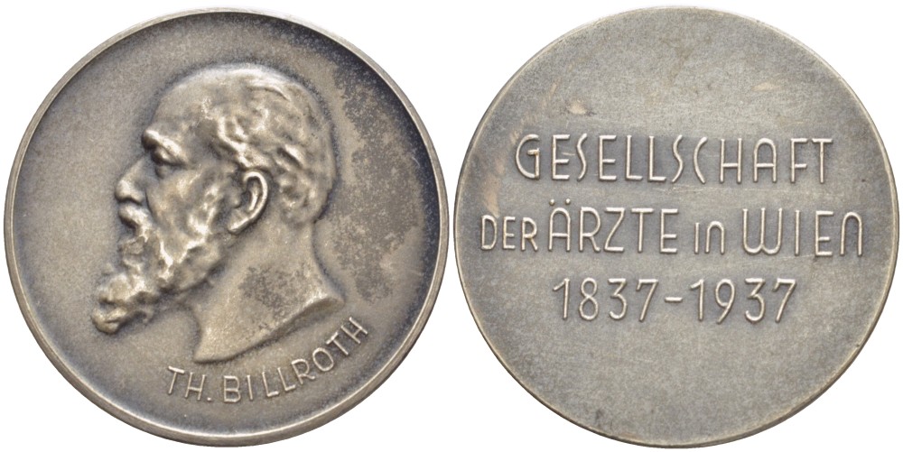 АВСТРИЯ МЕДАЛЬ 1937 ХРИСТИАН АЛЬБЕРТ ТЕОДОР БИЛЬРОТ (1829-1894) ВЫДАЮЩИЙСЯ НЕМЕЦКИЙ (АВСТРИЙСКИЙ) ХИРУРГ, 100 ЛЕТ ВЕНСКОМУ ОБЩЕСТВУ ВРАЧЕЙ (1837-1937), ДИАМЕТР 33 ММ. белый металл 1087-4-61